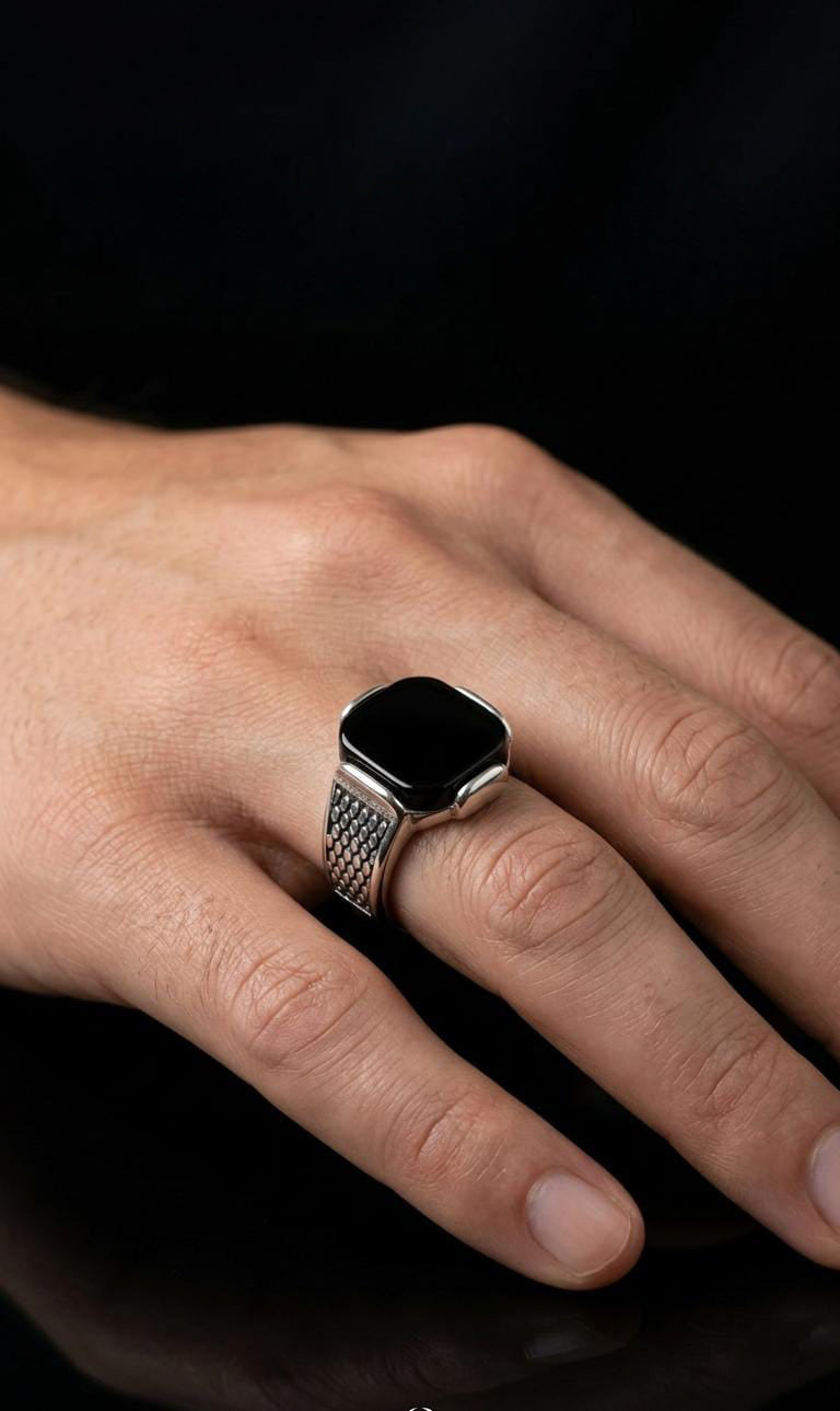 Silver Honeycomb Onyx Ring