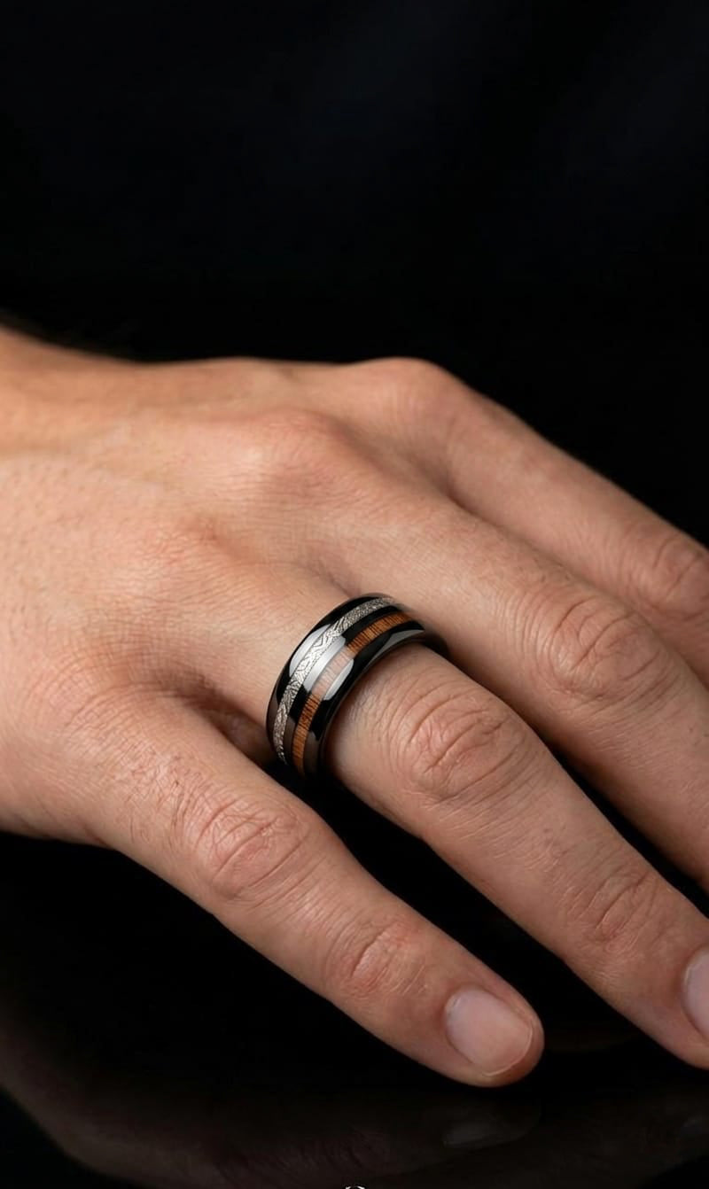Black Tungsten Wood & Meteorite Ring