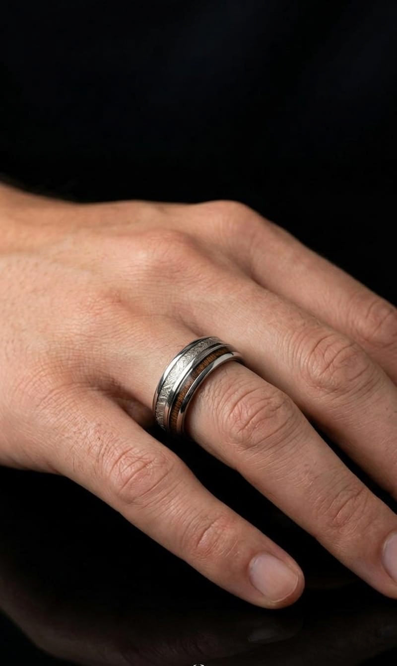Silver Tungsten Wood & Meteorite Ring