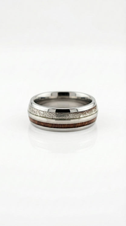 Silver Tungsten Wood & Meteorite Ring