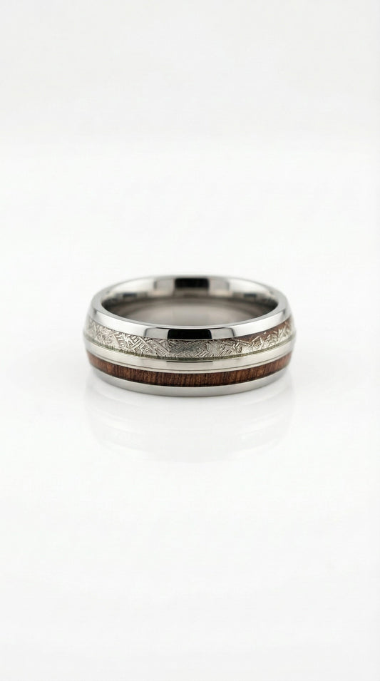Silver Tungsten Wood & Meteorite Ring