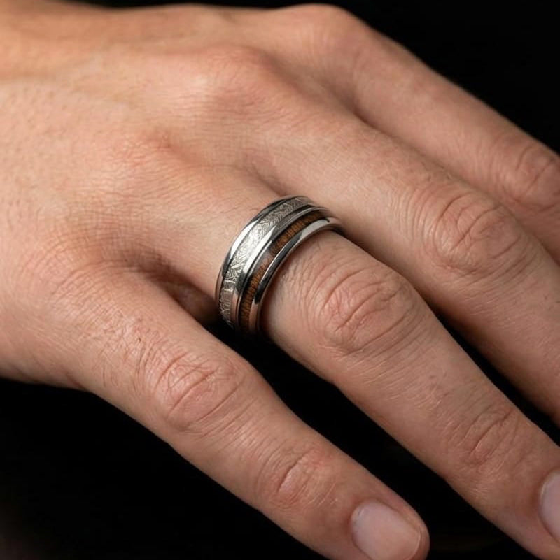 Silver Tungsten Wood & Meteorite Ring