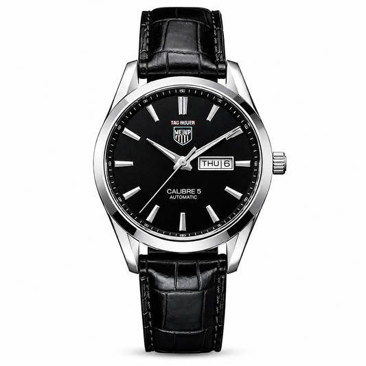 Luxury Tag Style Automatic Men's Watch with Black Leather Strap
